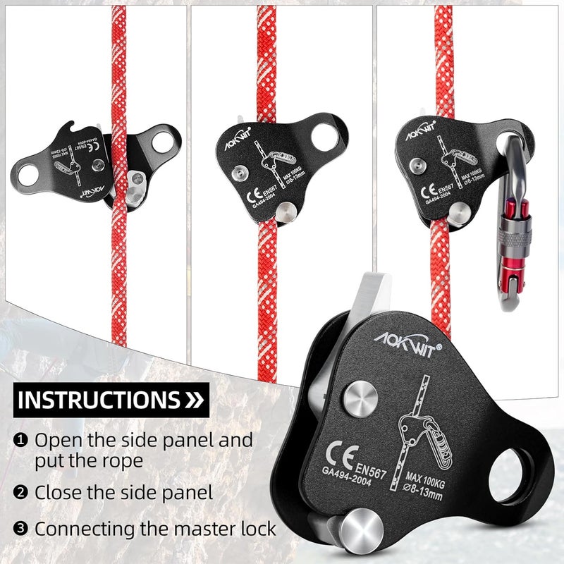 AOKWIT Climbing Ascender Rope Grab Fall Protection Belay Device Tree Climbing Gear Rappelling Equipment Rope Ascender for Rock Climbing Mountaineering Arborist Caving Rescue Aerial Work 8-12mm Ropes - Image 5